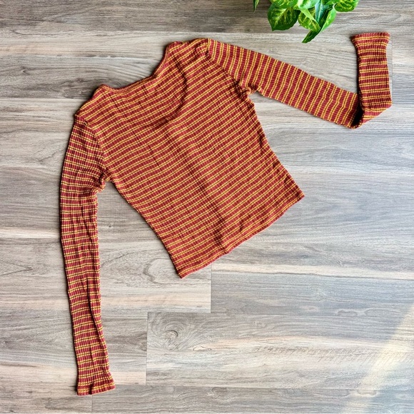 Garage P/S Striped Ribbed Button Front Long Sleeve Top Red Yellow Scoop Neck - Picture 10 of 10